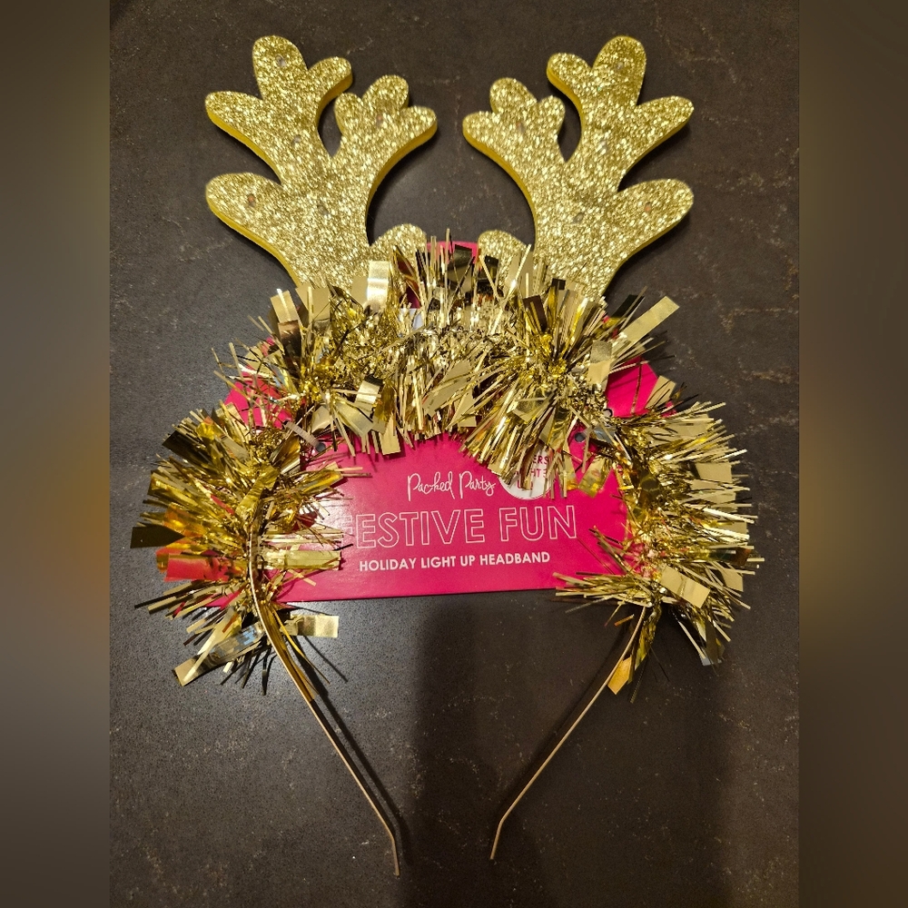 NEW Packed Party Light Up Gold Festive Tinsel Antler Headband Holiday Christmas